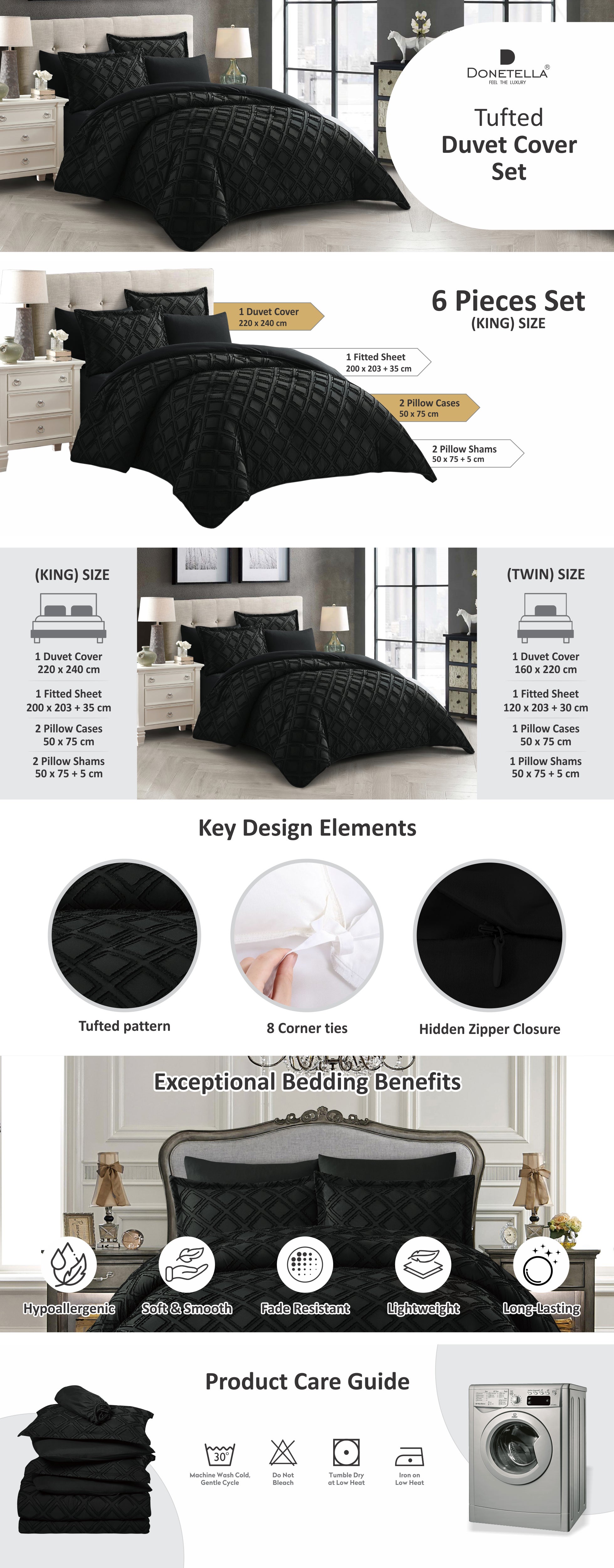 Duvet Set 6-Pcs King Size Emroidered Tufted Microfiber Bed Set Fits(200x200 CM) With Duvet Cover Fitted Sheet PillowSham And Pillowcases(Without Filler),Black