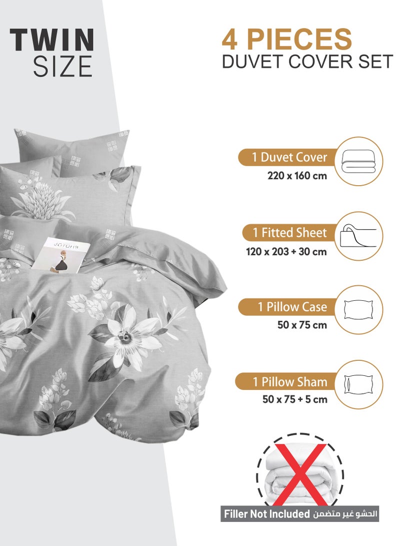 Duvet Cover Set 4-Pcs Twin Size Printed Bed Set Fits (100x200 CM) With Fitted Sheet Pillow Sham And Pillow Cases (Without Filler),Pastel Grey