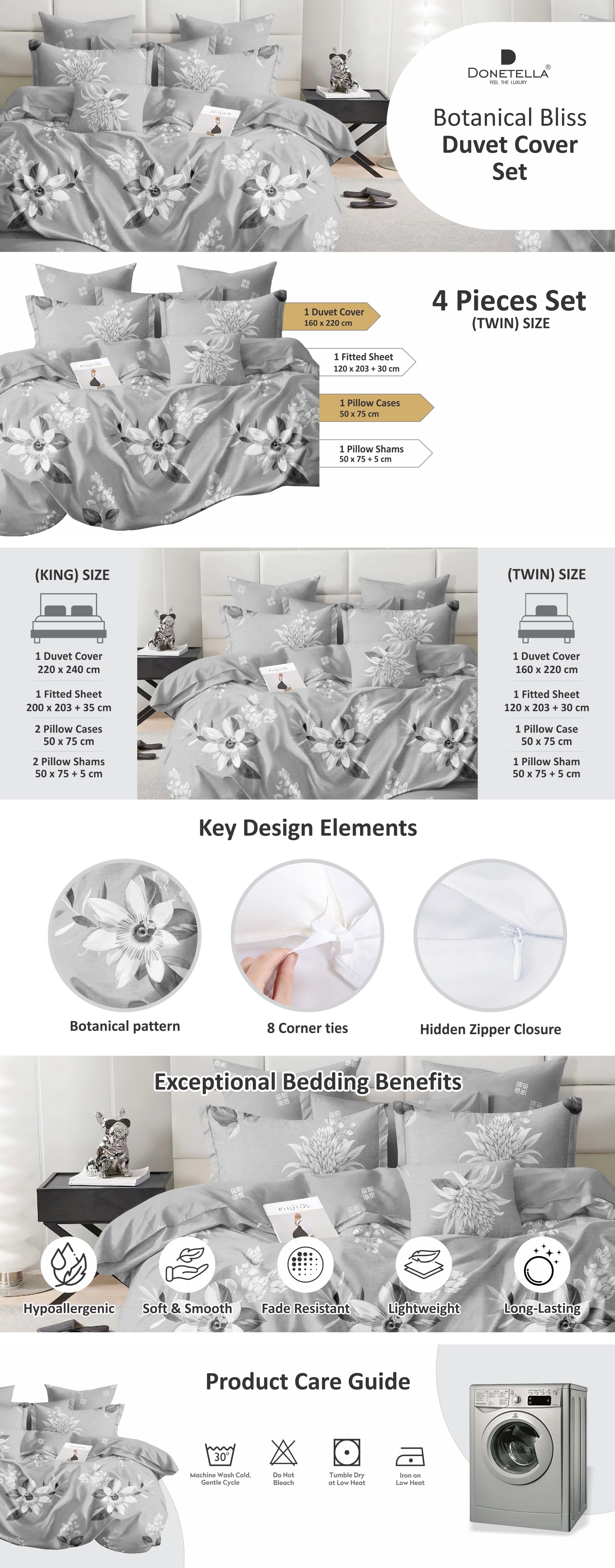 Duvet Cover Set 4-Pcs Twin Size Printed Bed Set Fits (100x200 CM) With Fitted Sheet Pillow Sham And Pillow Cases (Without Filler),Pastel Grey