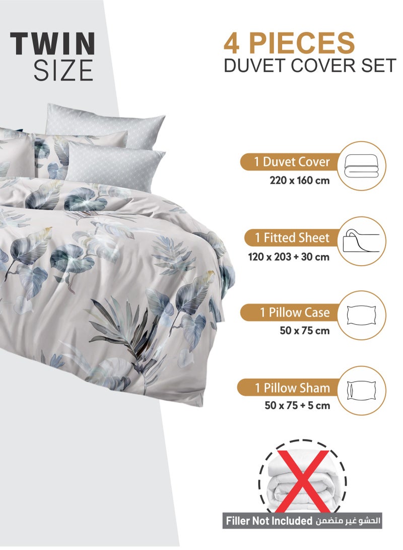 Duvet Cover Set 4-Pcs Twin Size Printed Bed Set Fits (100x200 CM) With Fitted Sheet Pillow Sham And Pillow Cases (Without Filler),Grey