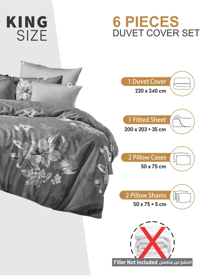 Duvet Cover Set 6-Pcs King Size Printed Bed Set Fits (200x200 CM) With Fitted Sheet PillowSham And Pillow Cases (Without Filler),Smokey Grey