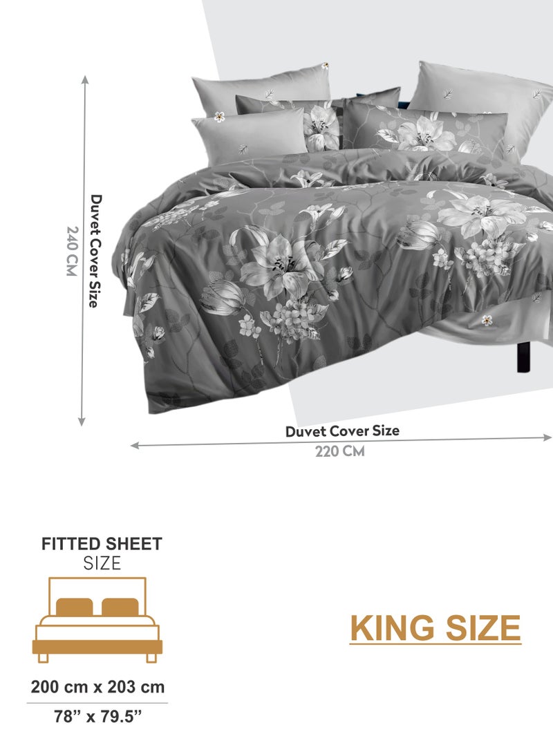 Duvet Cover Set 6-Pcs King Size Printed Bed Set Fits (200x200 CM) With Fitted Sheet PillowSham And Pillow Cases (Without Filler),Smokey Grey