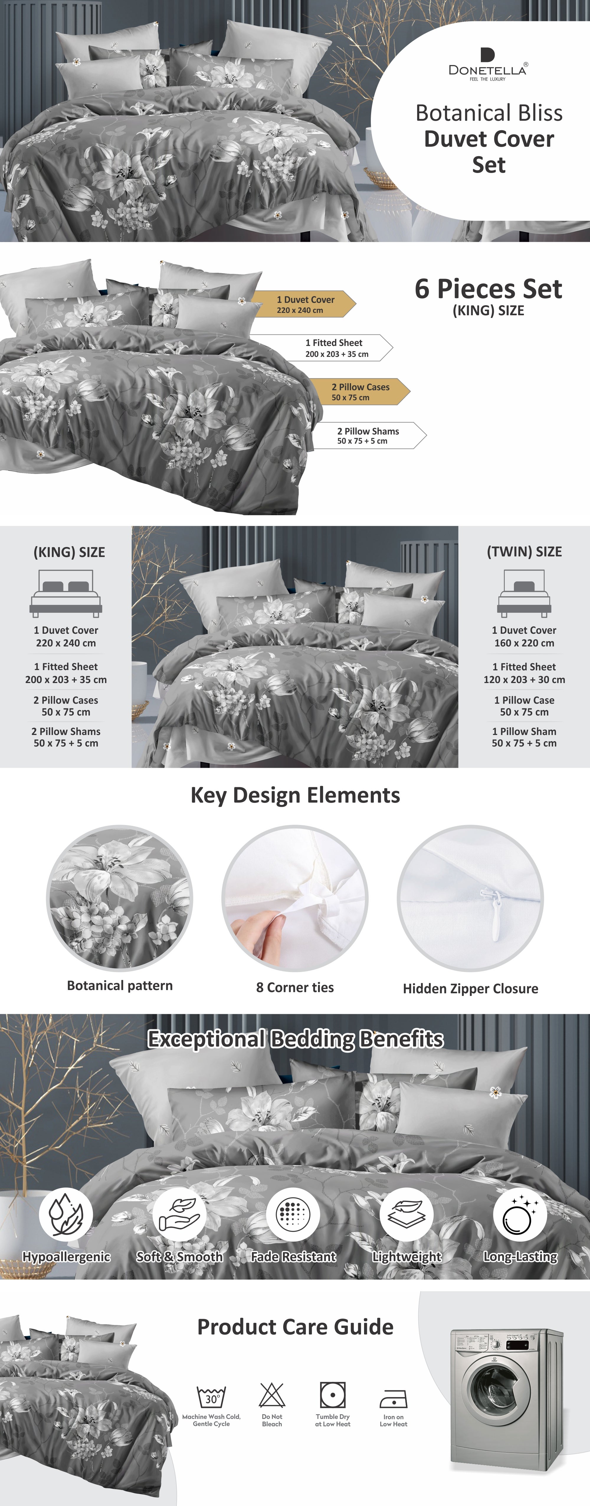 Duvet Cover Set 6-Pcs King Size Printed Bed Set Fits (200x200 CM) With Fitted Sheet PillowSham And Pillow Cases (Without Filler),Smokey Grey