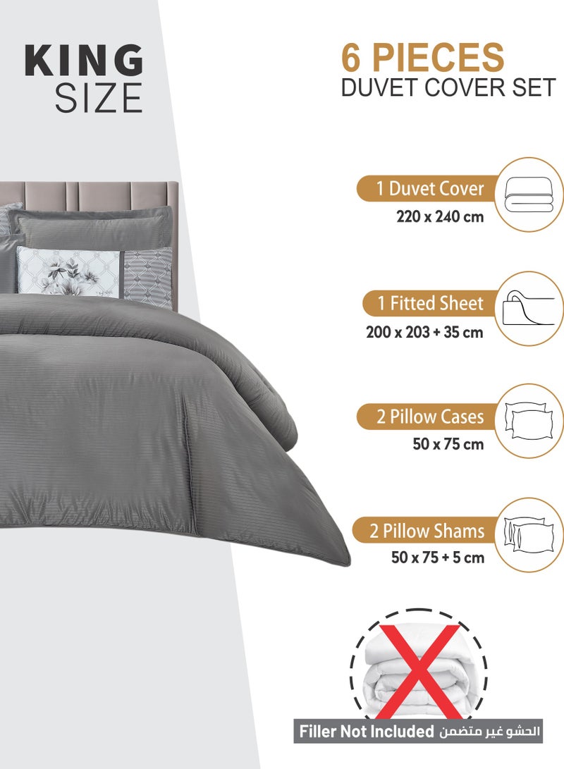 Duvet Set 6-Pcs King Size Striped Microfiber Bed Set Fits(200x200 CM) With Duvet Cover Fitted Sheet PillowSham And Pillowcases(Without Filler),Dark Grey