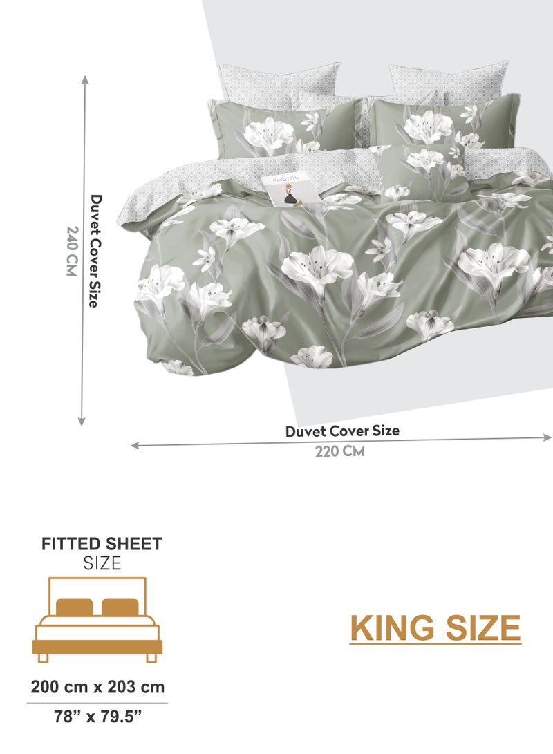 Duvet Cover Set 6-Pcs King Size Printed Bed Set Fits (200x200 CM) With Fitted Sheet PillowSham And Pillow Cases (Without Filler),Lemon Grass