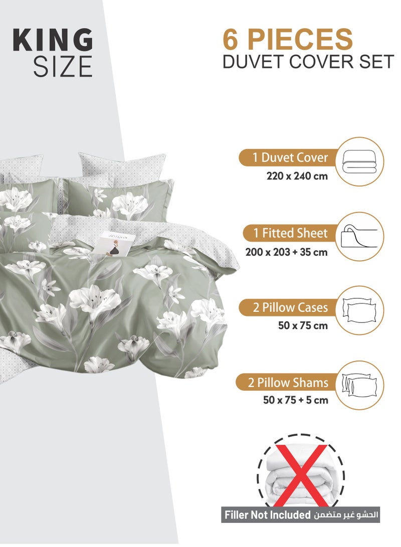 Duvet Cover Set 6-Pcs King Size Printed Bed Set Fits (200x200 CM) With Fitted Sheet PillowSham And Pillow Cases (Without Filler),Lemon Grass