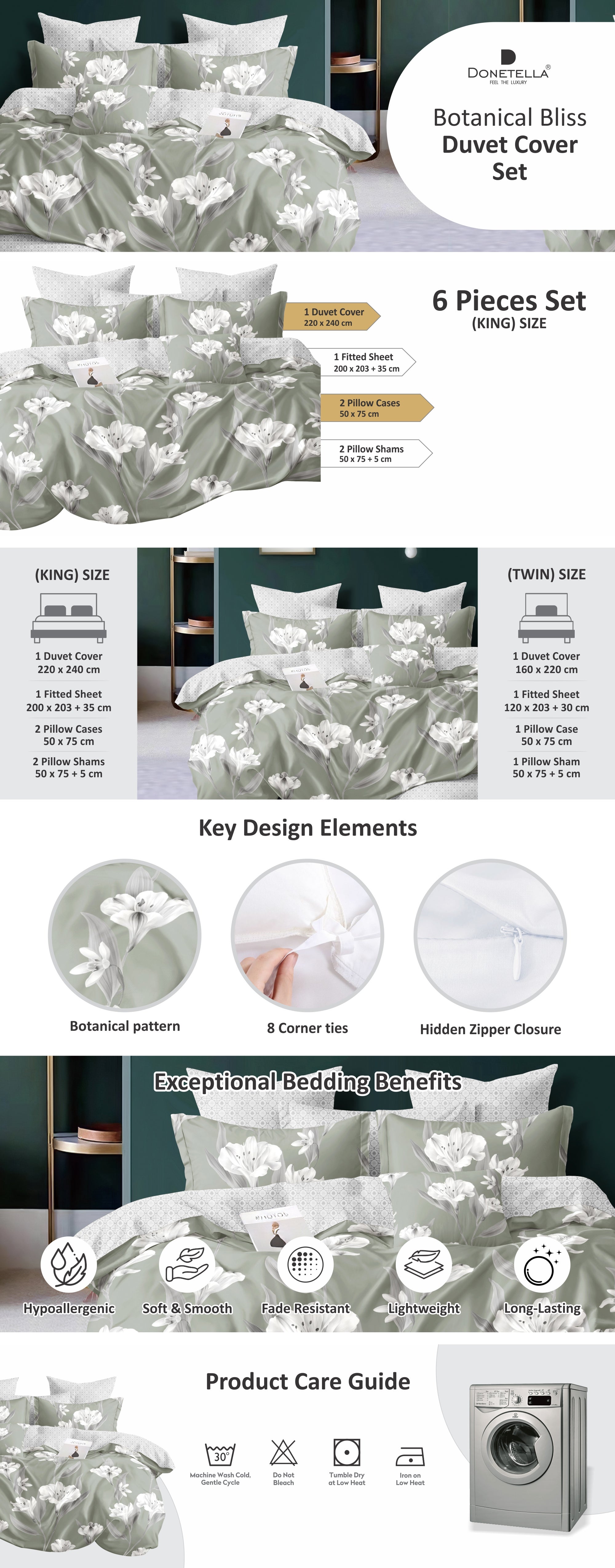 Duvet Cover Set 6-Pcs King Size Printed Bed Set Fits (200x200 CM) With Fitted Sheet PillowSham And Pillow Cases (Without Filler),Lemon Grass