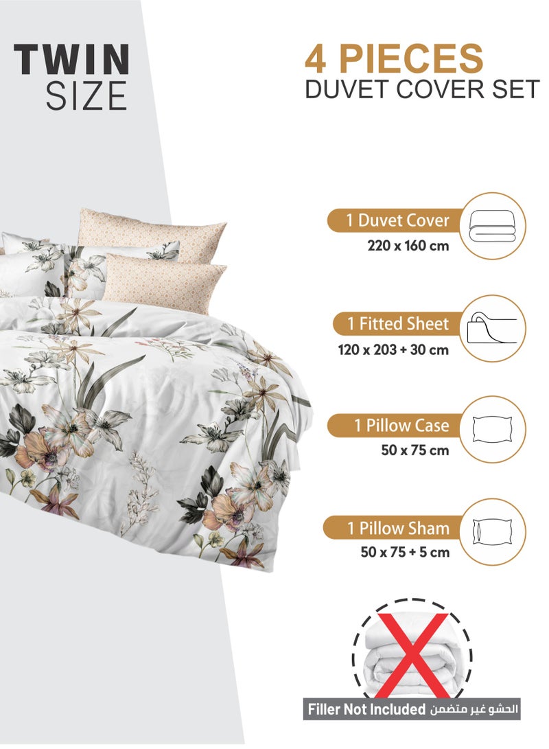 Duvet Cover Set 4-Pcs Twin Size Printed Bed Set Fits (100x200 CM) With Fitted Sheet Pillow Sham And Pillow Cases (Without Filler),Soft Peach