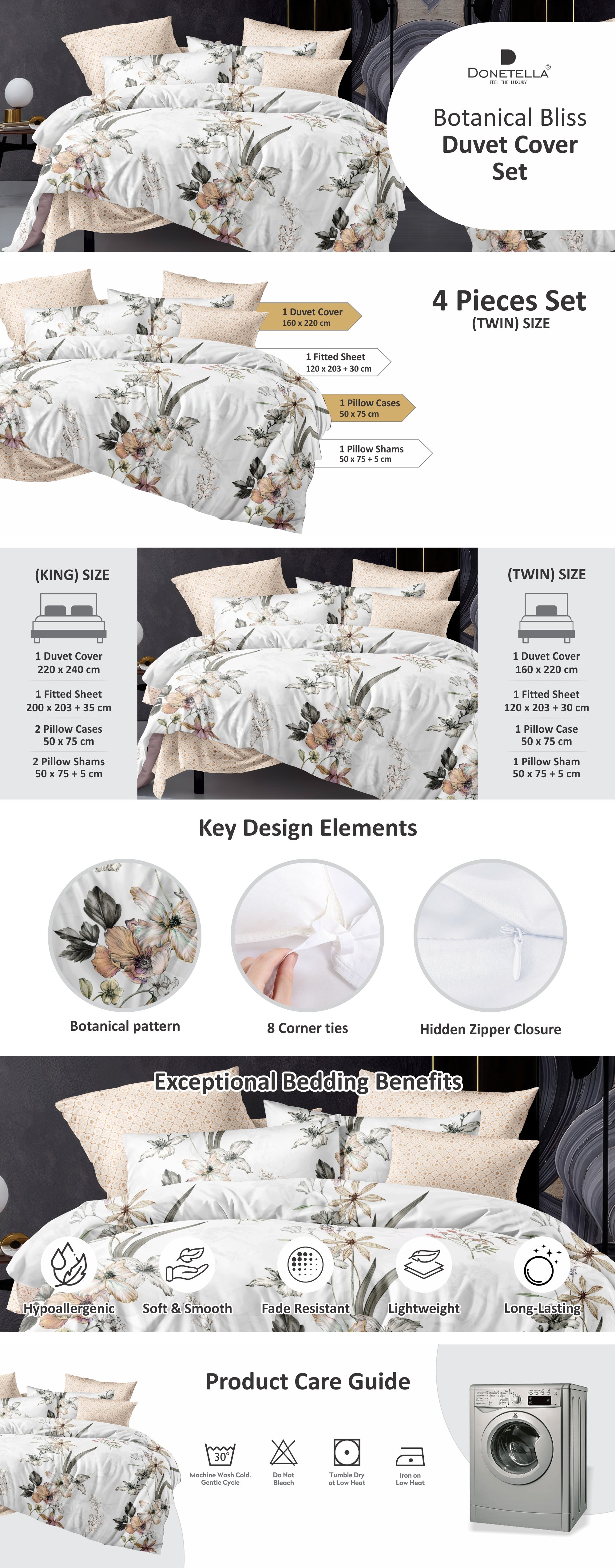 Duvet Cover Set 4-Pcs Twin Size Printed Bed Set Fits (100x200 CM) With Fitted Sheet Pillow Sham And Pillow Cases (Without Filler),Soft Peach