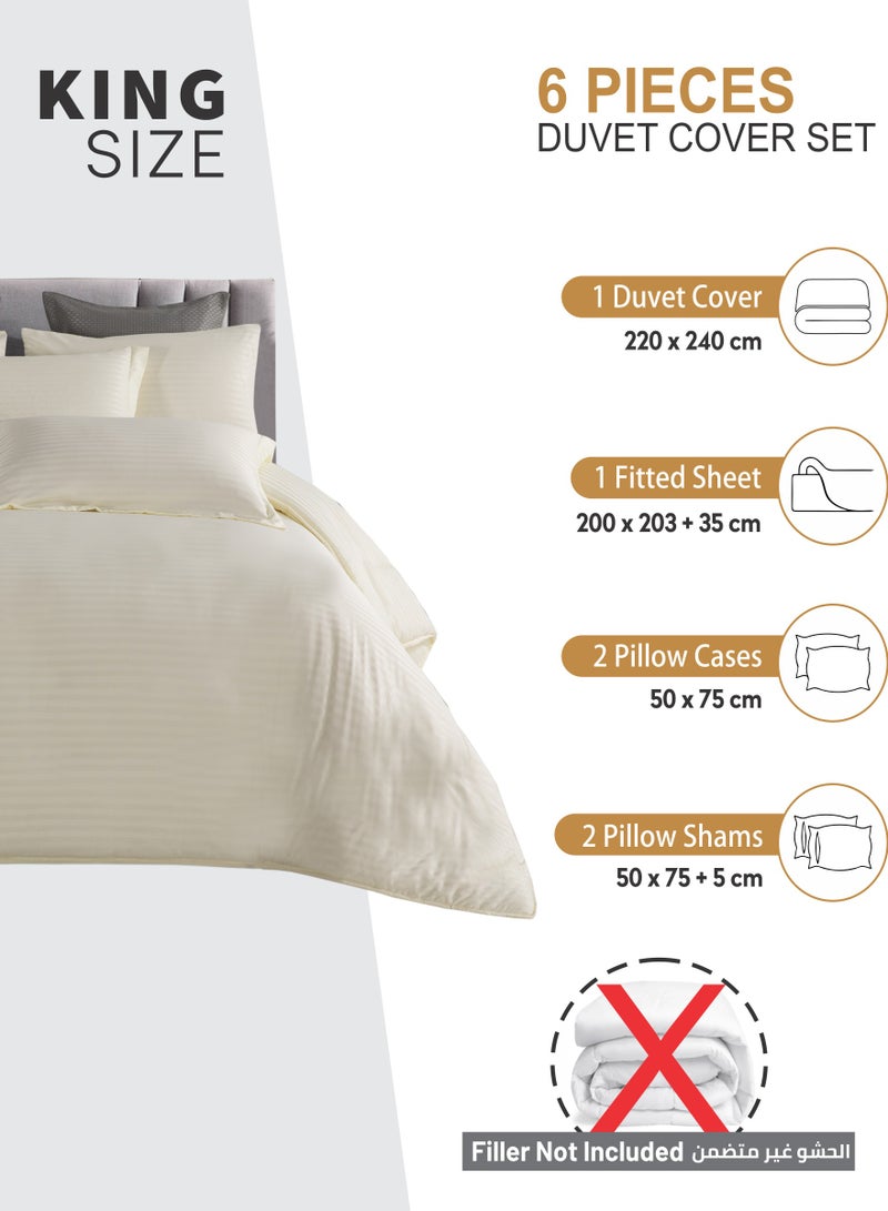 Duvet Set 6-Pcs King Size Striped Microfiber Bed Set Fits(200x200 CM) With Duvet Cover Fitted Sheet PillowSham And Pillowcases(Without Filler),Ivory