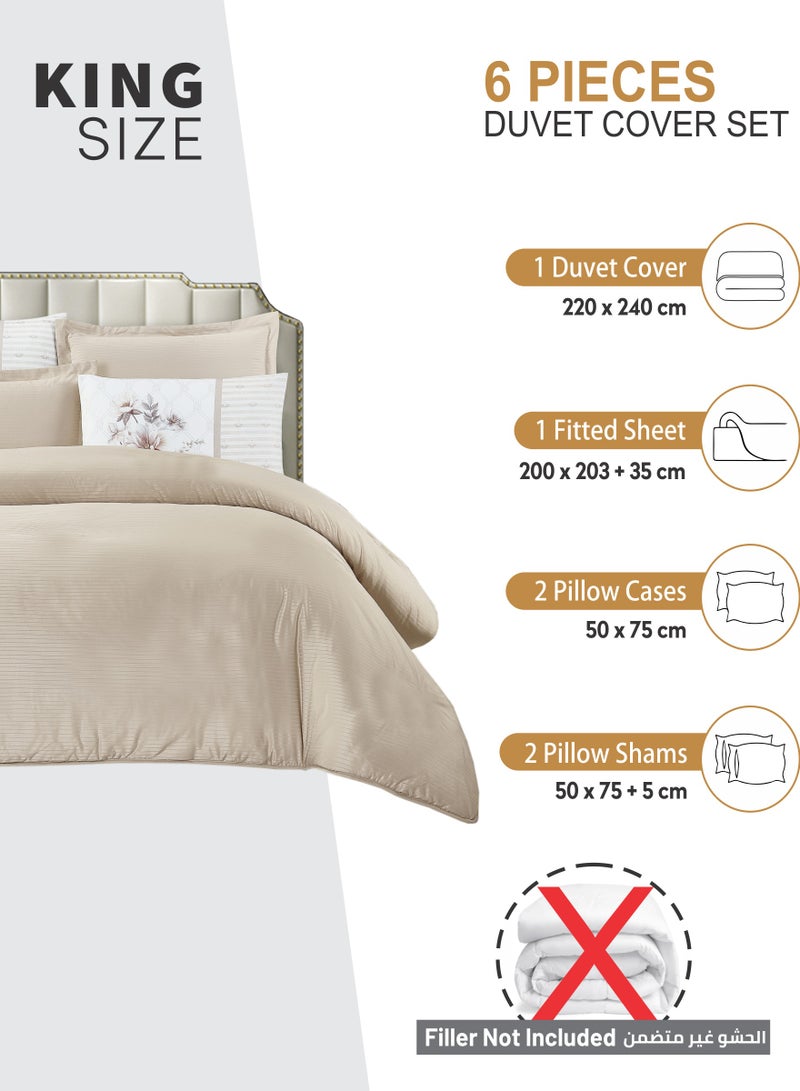 Duvet Set 6-Pcs King Size Striped Microfiber Bed Set Fits(200x200 CM) With Duvet Cover Fitted Sheet PillowSham And Pillowcases(Without Filler),Beige