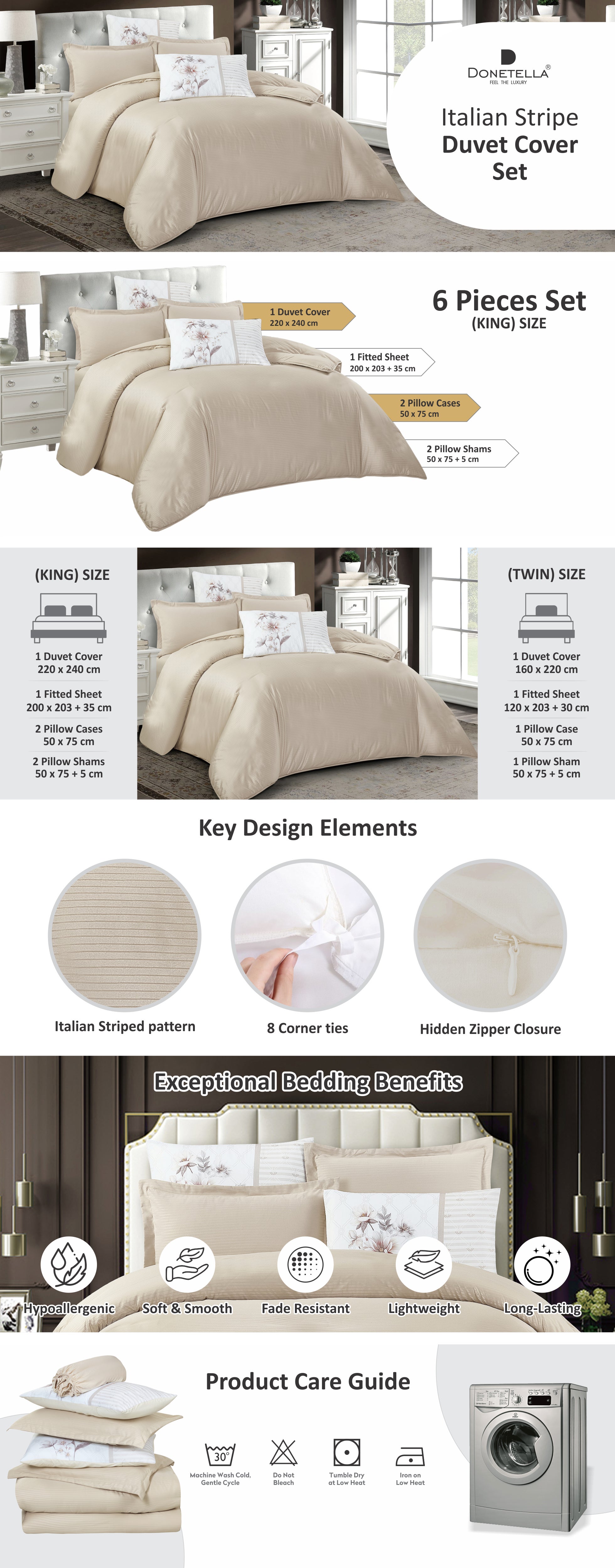 Duvet Set 6-Pcs King Size Striped Microfiber Bed Set Fits(200x200 CM) With Duvet Cover Fitted Sheet PillowSham And Pillowcases(Without Filler),Beige