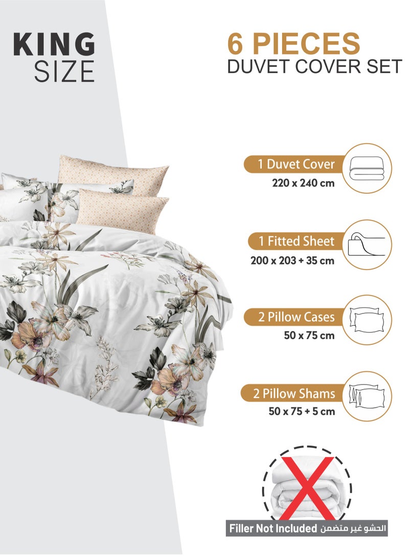 Duvet Cover Set 6-Pcs King Size Printed Bed Set Fits (200x200 CM) With Fitted Sheet PillowSham And Pillow Cases (Without Filler),Soft Peach