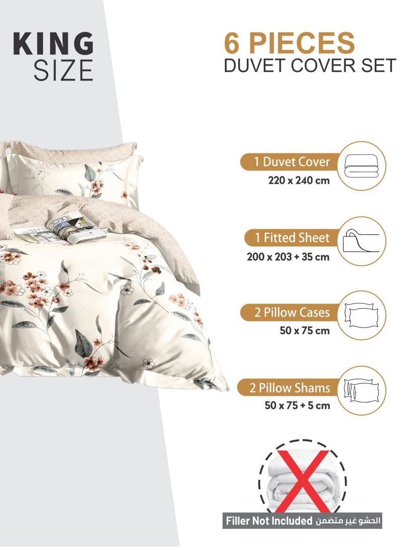 Duvet Cover Set 6-Pcs King Size Printed Bed Set Fits (200x200 CM) With Fitted Sheet PillowSham And Pillow Cases (Without Filler),Linen