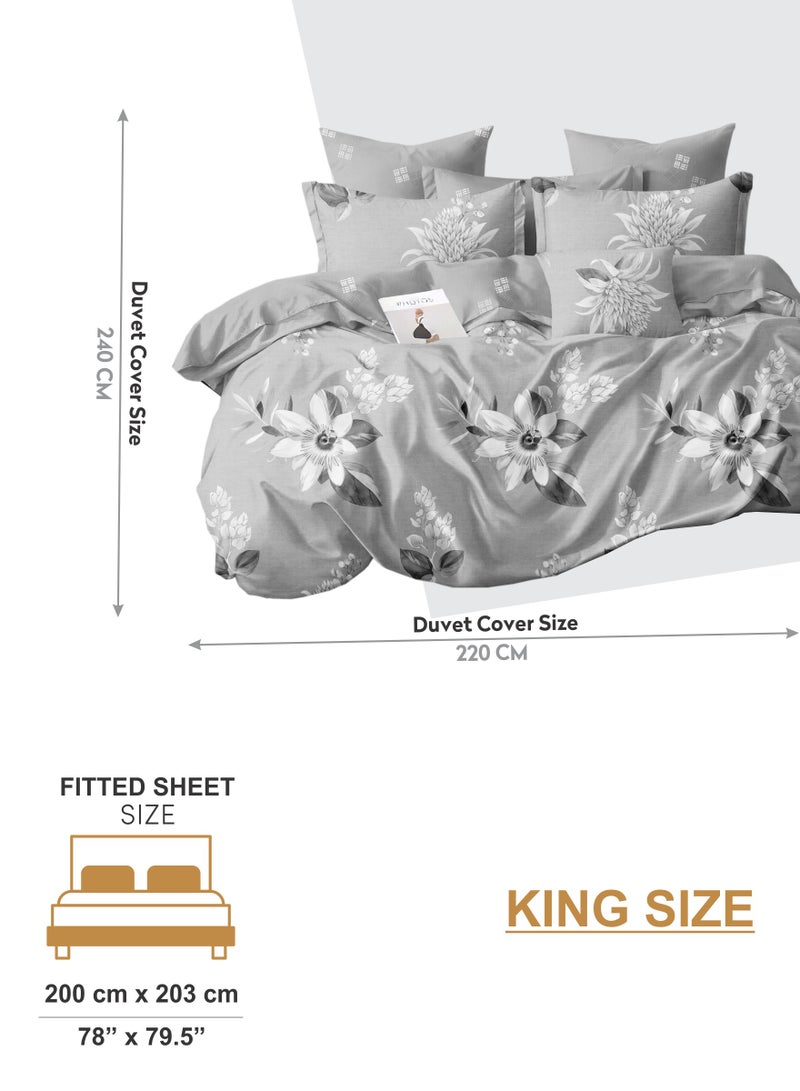 Duvet Cover Set 6-Pcs King Size Printed Bed Set Fits (200x200 CM) With Fitted Sheet PillowSham And Pillow Cases (Without Filler),Pastel Grey