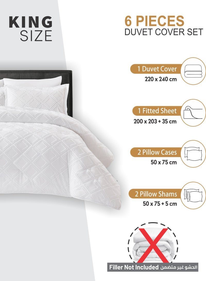 Duvet Set 6-Pcs King Size Emroidered Tufted Microfiber Bed Set Fits(200x200 CM) With Duvet Cover Fitted Sheet PillowSham And Pillowcases(Without Filler),White