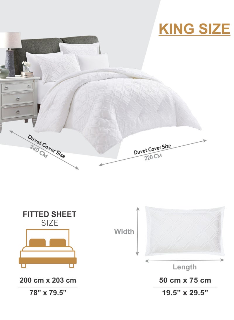 Duvet Set 6-Pcs King Size Emroidered Tufted Microfiber Bed Set Fits(200x200 CM) With Duvet Cover Fitted Sheet PillowSham And Pillowcases(Without Filler),White