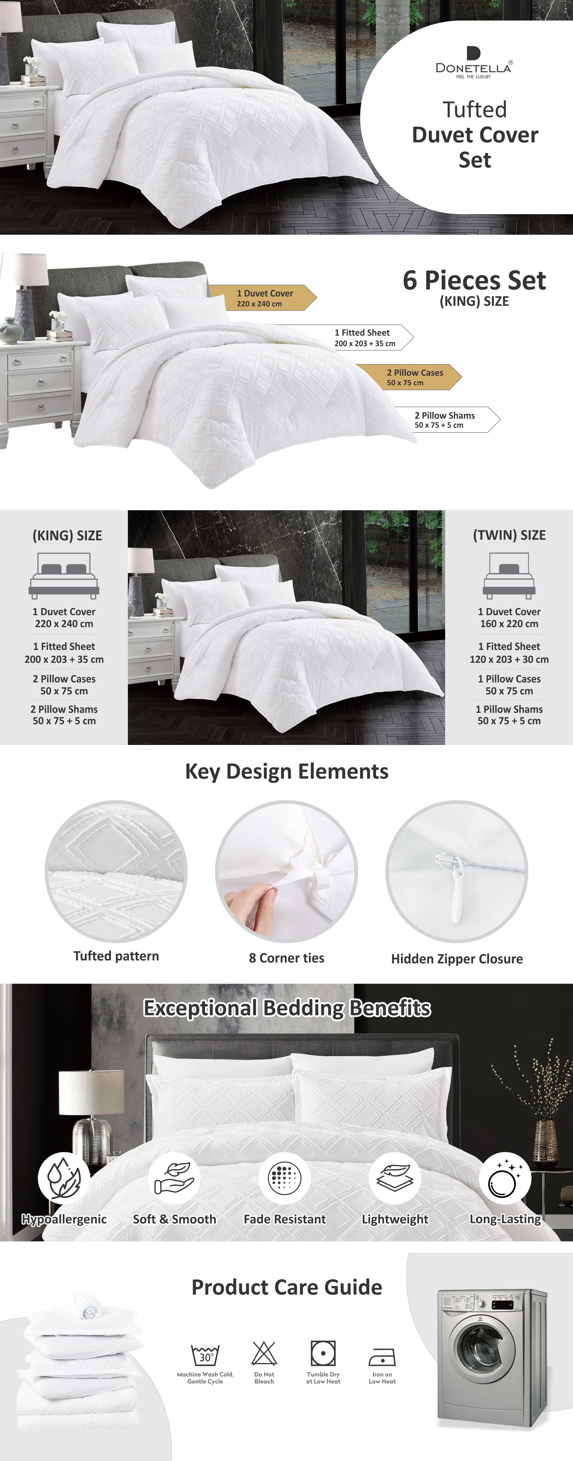 Duvet Set 6-Pcs King Size Emroidered Tufted Microfiber Bed Set Fits(200x200 CM) With Duvet Cover Fitted Sheet PillowSham And Pillowcases(Without Filler),White