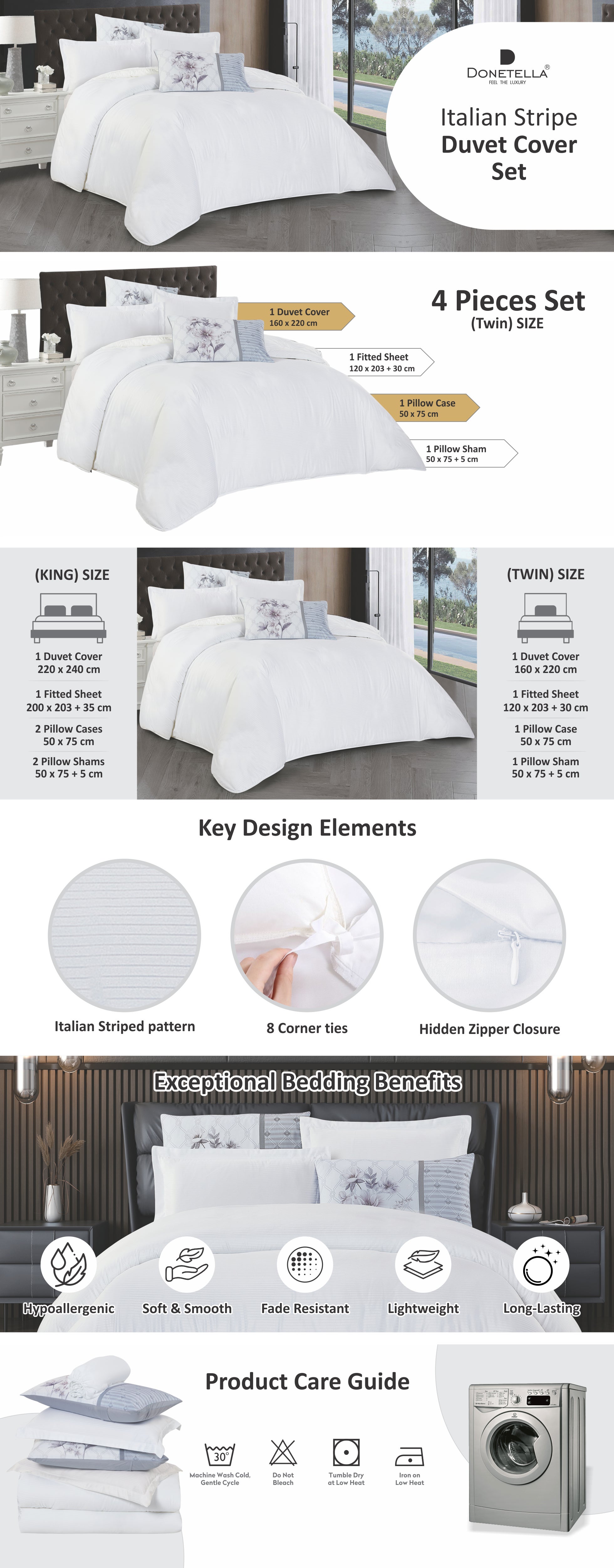 Duvet Set 4-Pcs Single Size Striped Microfiber Bed Set  With 1 Duvet Cover(160 x 220 CM) 1 Fitted Sheet 1 PillowSham And 1 Pillowcases(Without Filler),White