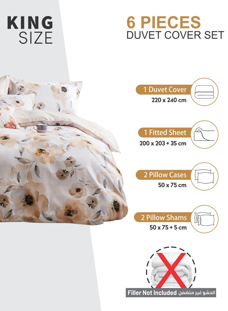 Duvet Cover Set 6-Pcs King Size Printed Bed Set Fits (200x200 CM) With Fitted Sheet PillowSham And Pillow Cases (Without Filler),Pastel Brown