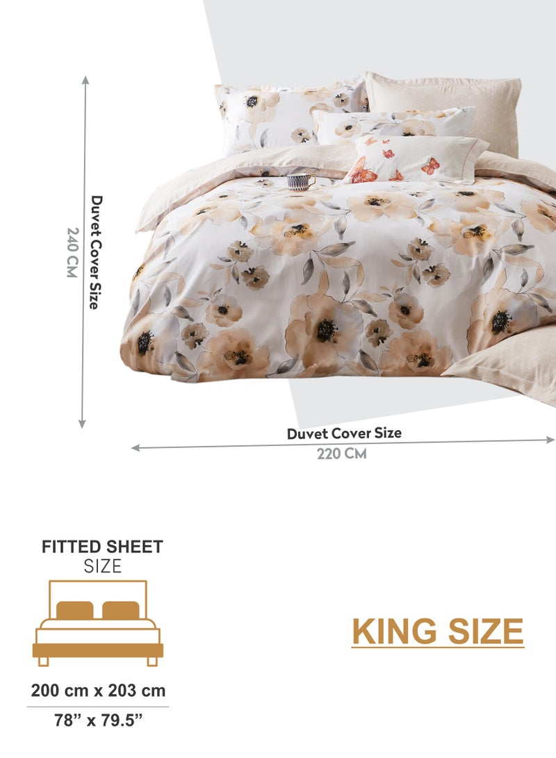 Duvet Cover Set 6-Pcs King Size Printed Bed Set Fits (200x200 CM) With Fitted Sheet PillowSham And Pillow Cases (Without Filler),Pastel Brown