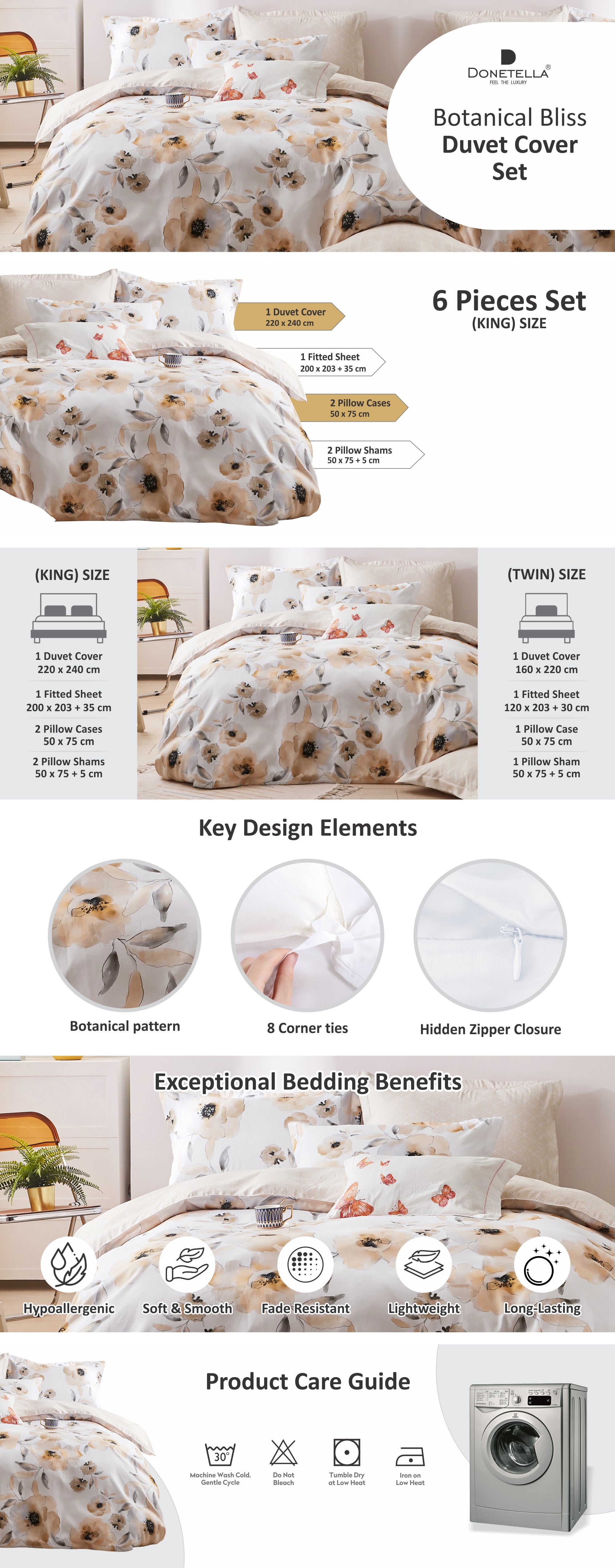 Duvet Cover Set 6-Pcs King Size Printed Bed Set Fits (200x200 CM) With Fitted Sheet PillowSham And Pillow Cases (Without Filler),Pastel Brown