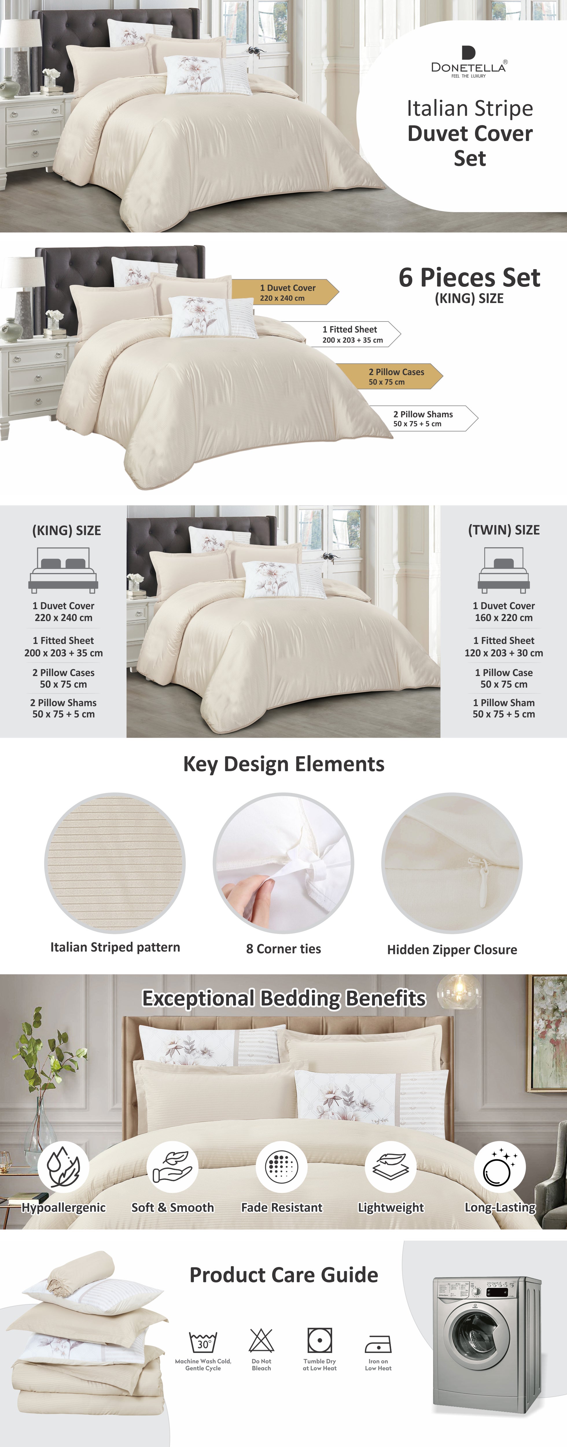 Duvet Set 6-Pcs King Size Striped Microfiber Bed Set With 1 Duvet Cover(220 X 240 CM) 1 Fitted Sheet 2 PillowSham And 2 Digital Printed Pillowcases(Without Filler),Linen