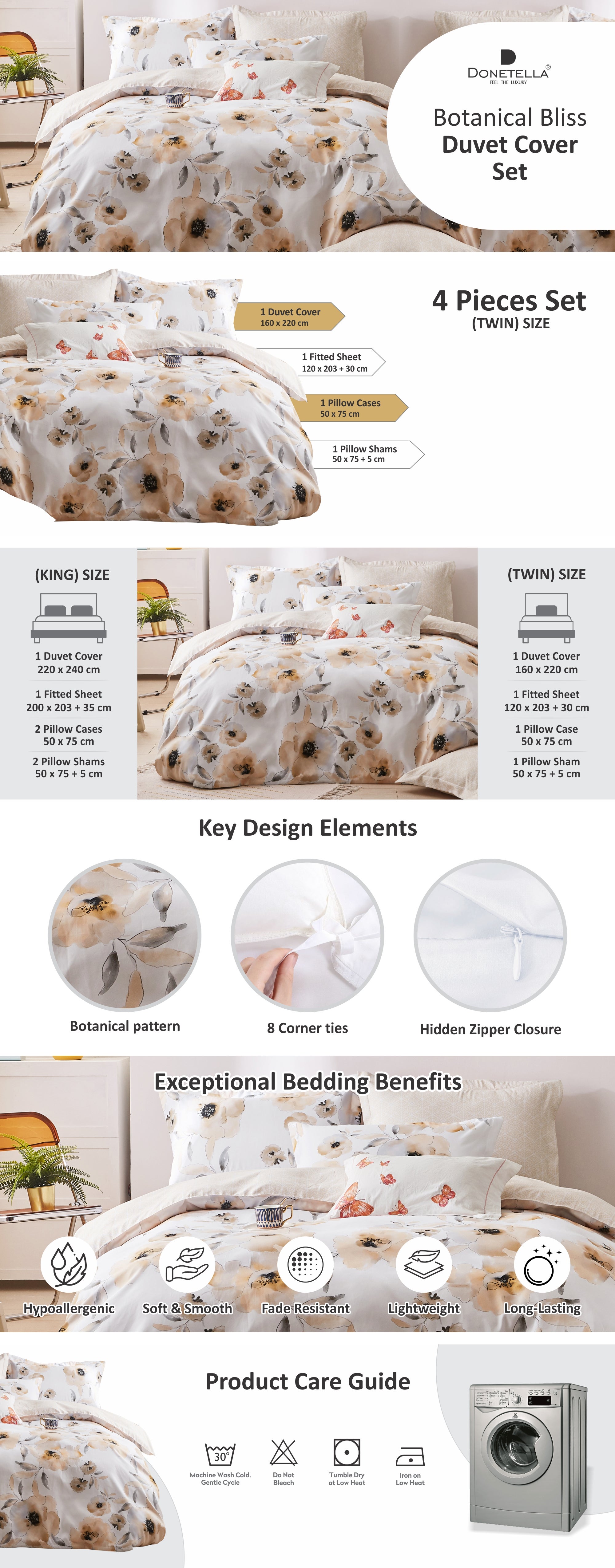 Duvet Cover Set 4-Pcs Twin Size Printed Bed Set Fits (100x200 CM) With Fitted Sheet Pillow Sham And Pillow Cases (Without Filler),Pastel Brown