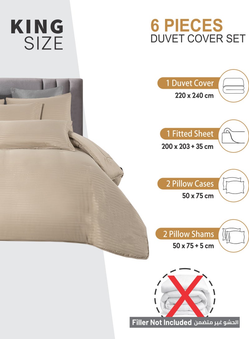 Duvet Set 6-Pcs King Size Striped Microfiber Bed Set Fits(200x200 CM) With Duvet Cover Fitted Sheet PillowSham And Pillowcases(Without Filler),Beige