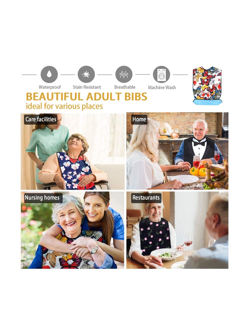 Waterproof Washable Adult Bibs for Elderly Women, Reusable Large Adult Bibs for Eating with Snaps, Feeding Bibs for Adults Senior Citizens with Crumb Catcher, Designed for Comfort and Convenience