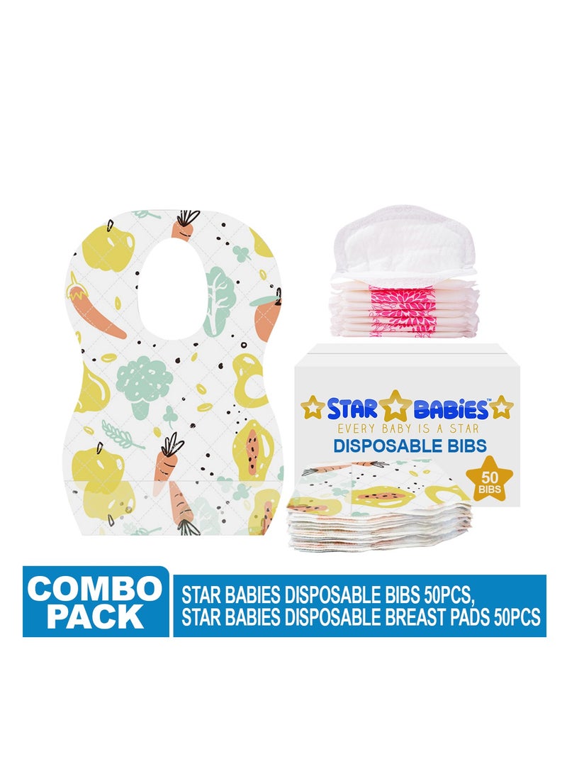 Star Babies Combo Pack (Disposable Bibs Pack of 50, Disposable Breast Pad Pack of 50)-Fruits Print New