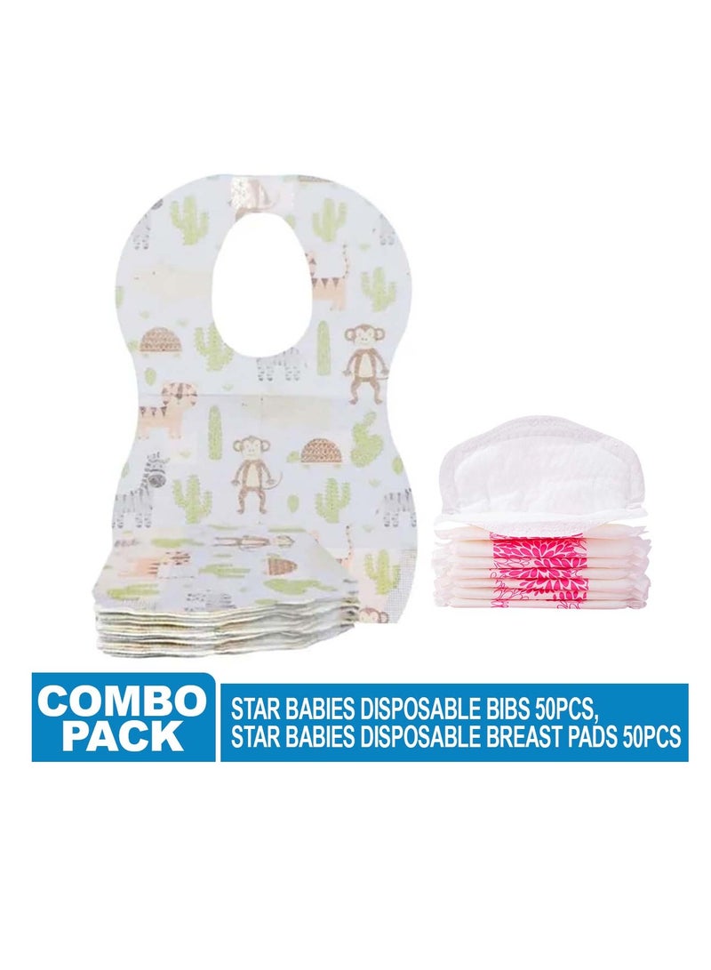 Star Babies Combo Pack (Disposable Bibs Pack of 50, Disposable Breast Pad Pack of 50)-Animal