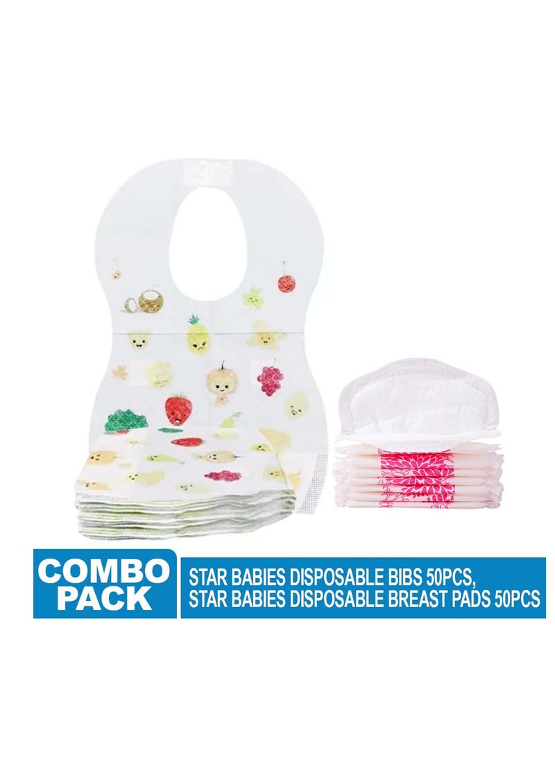 Star Babies Combo Pack (Disposable Bibs Pack of 50, Disposable Breast Pad Pack of 50)-Fruits