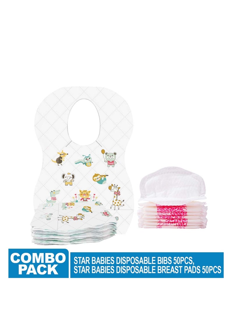 Star Babies Combo Pack (Disposable Bibs Pack of 50, Disposable Breast Pad Pack of 50)-Animal Print New