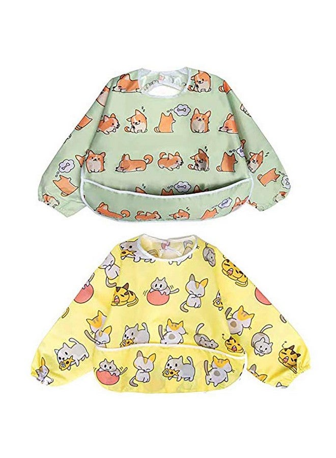Full Sleeved Feeding Bib 2 Packbaby & Toddler Waterproof Bib Apronfood Protection Large Pocket Eating Smock 648 Months (Little Puppylittle Cat)