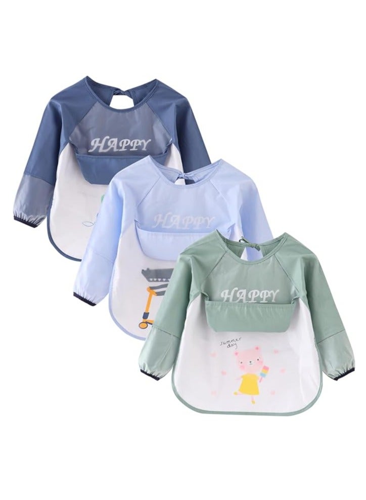 Baby Bibs with Sleeves Waterproof Feeding Bibs, 3 Pcs Unisex Baby Bibs, Waterproof Bib for Toddlers, Machine Washable for Nursing Eating Playing Painting 6 Months to 3 Years Old