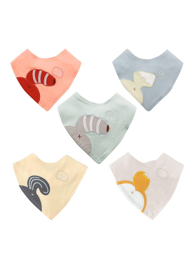 5 Pack Baby Bandana Bibs Embroidery Animal Tails Cotton Drool Bibs for Baby Boys Girls Bandana Scarf Bib with Snaps