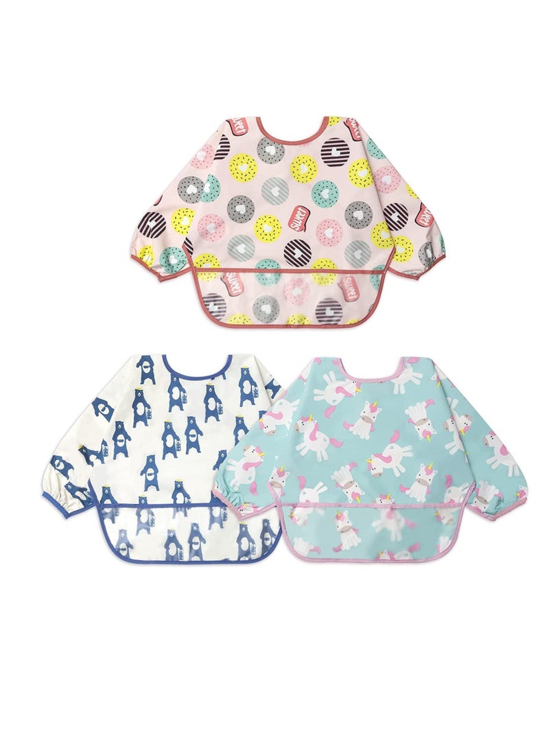 Long Sleeve Baby Bibs, Unisex Waterproof Baby Smock Feeding Apron Set for 6 24 Months Infant Child Toddler 3 Pack
