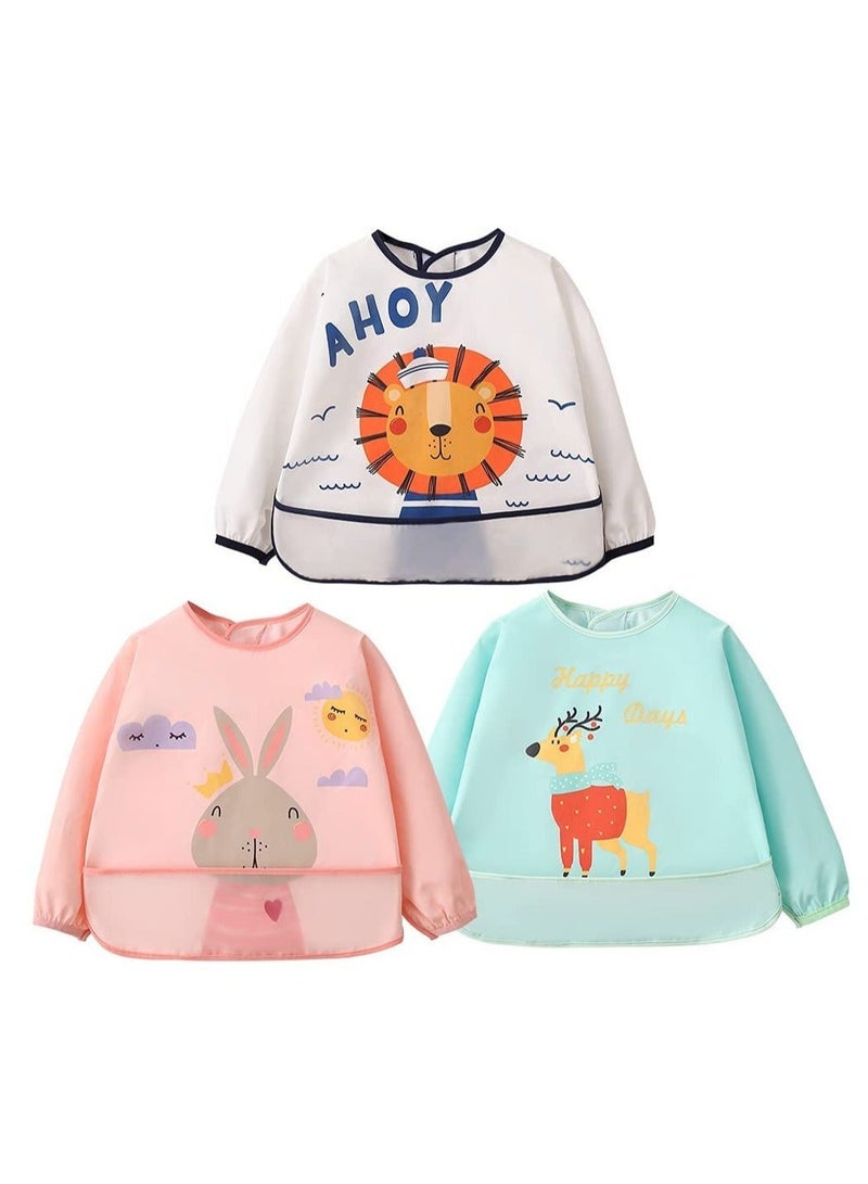 3 Pcs Long Sleeve Baby Bibs, Unisex Waterproof Feeding Bibs Smock Apron Set for 6-24 Months Infant Child Toddler