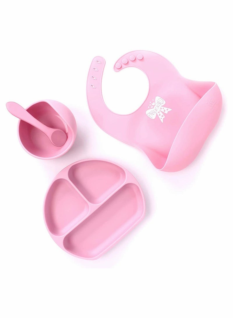 4 PACK Silicone Baby Feeding Set,  Feeding Supplies with Suction Bowl＆ Divided Plate＆ Adjustable Bib＆ Soft Spoon - BPA Free Tableware Self - Easily Clean Infant Training Eating Utensils (Pink)