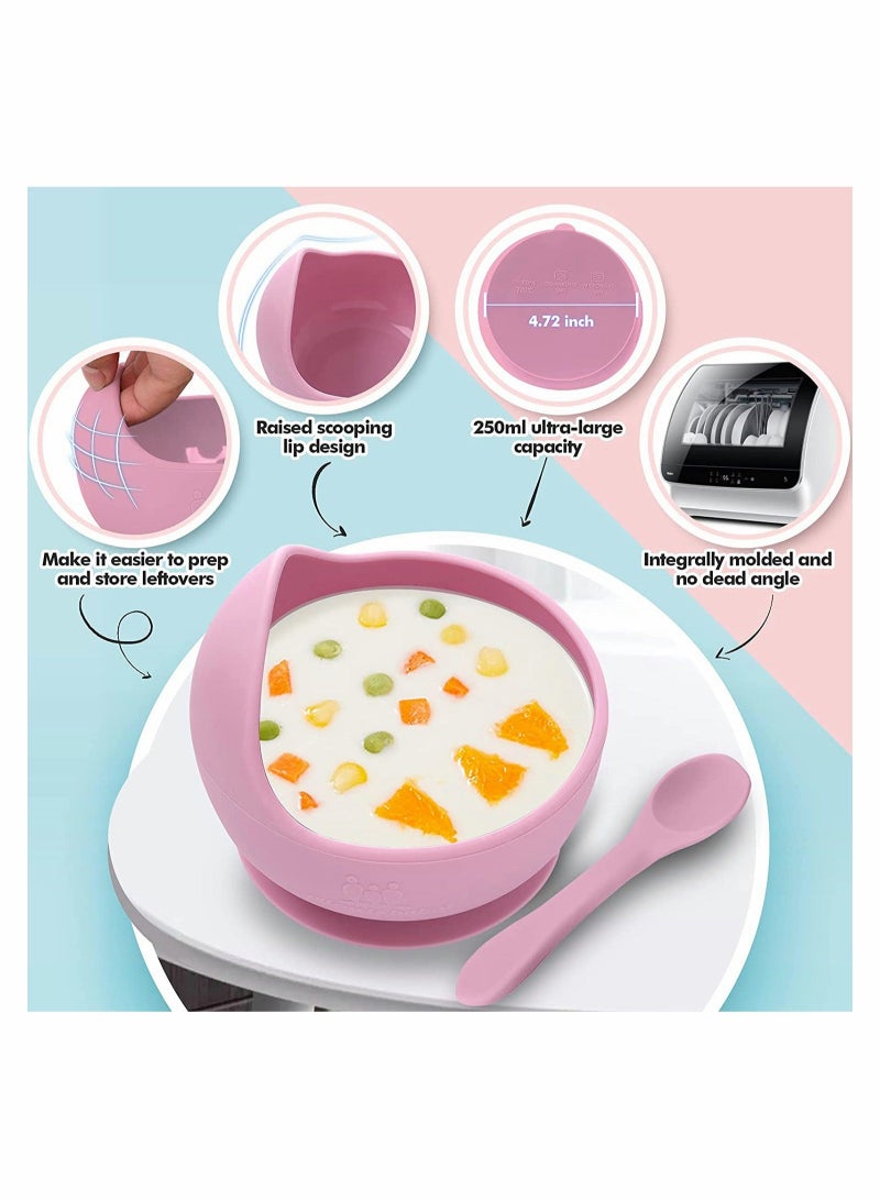 4 PACK Silicone Baby Feeding Set,  Feeding Supplies with Suction Bowl＆ Divided Plate＆ Adjustable Bib＆ Soft Spoon - BPA Free Tableware Self - Easily Clean Infant Training Eating Utensils (Pink)