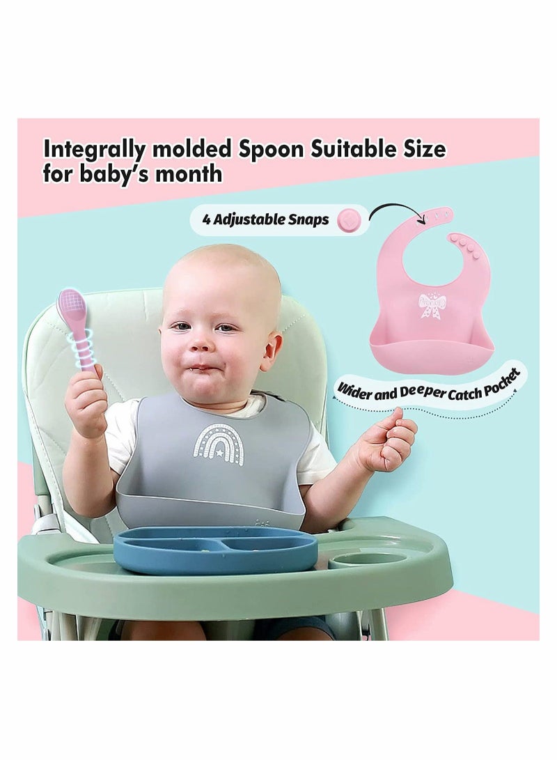 4 PACK Silicone Baby Feeding Set,  Feeding Supplies with Suction Bowl＆ Divided Plate＆ Adjustable Bib＆ Soft Spoon - BPA Free Tableware Self - Easily Clean Infant Training Eating Utensils (Pink)