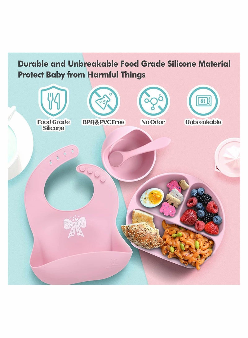 4 PACK Silicone Baby Feeding Set,  Feeding Supplies with Suction Bowl＆ Divided Plate＆ Adjustable Bib＆ Soft Spoon - BPA Free Tableware Self - Easily Clean Infant Training Eating Utensils (Pink)