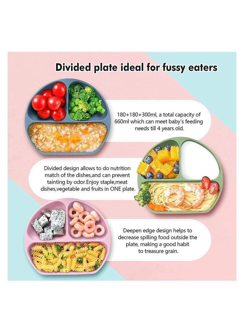 4 PACK Silicone Baby Feeding Set,  Feeding Supplies with Suction Bowl＆ Divided Plate＆ Adjustable Bib＆ Soft Spoon - BPA Free Tableware Self - Easily Clean Infant Training Eating Utensils (Pink)