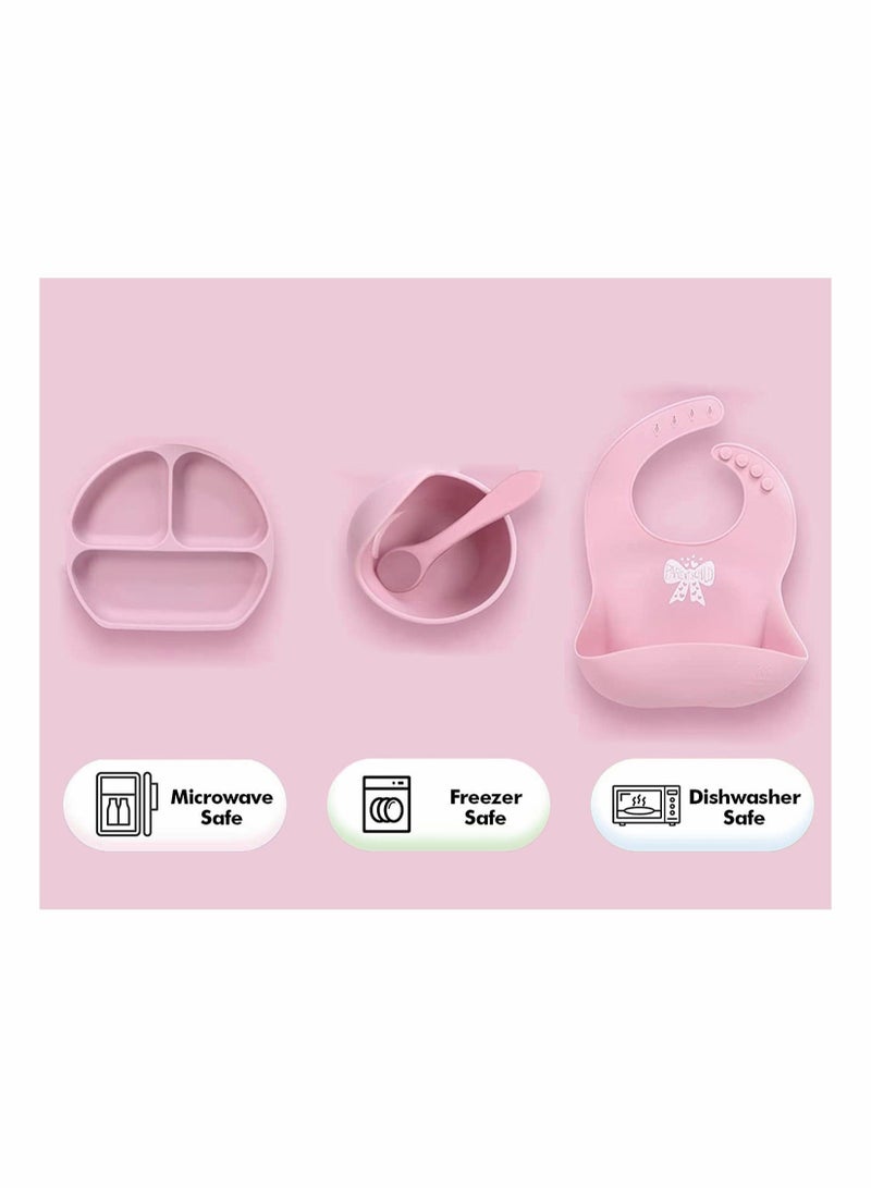 4 PACK Silicone Baby Feeding Set,  Feeding Supplies with Suction Bowl＆ Divided Plate＆ Adjustable Bib＆ Soft Spoon - BPA Free Tableware Self - Easily Clean Infant Training Eating Utensils (Pink)