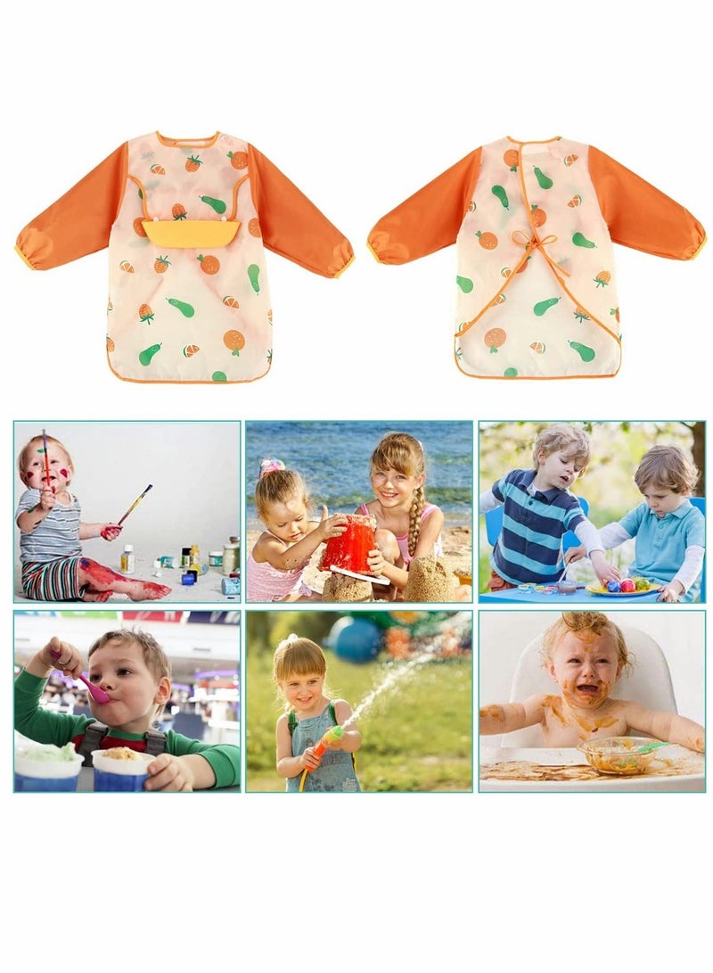 Baby Bib With Long Sleeves, Prevent Soiling Waterproof Feeding Painting Apron Removable Silicone Pocket, Unisex For 1-3 Years Old - Orange