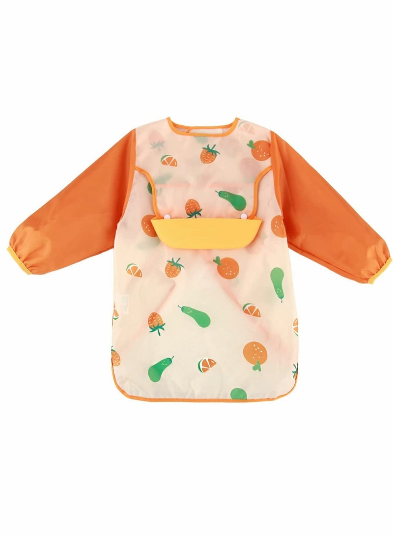 Baby Bib With Long Sleeves, Prevent Soiling Waterproof Feeding Painting Apron Removable Silicone Pocket, Unisex For 1-3 Years Old - Orange