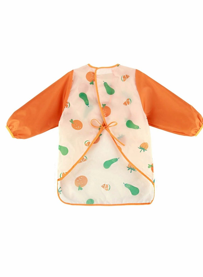 Baby Bib With Long Sleeves, Prevent Soiling Waterproof Feeding Painting Apron Removable Silicone Pocket, Unisex For 1-3 Years Old - Orange