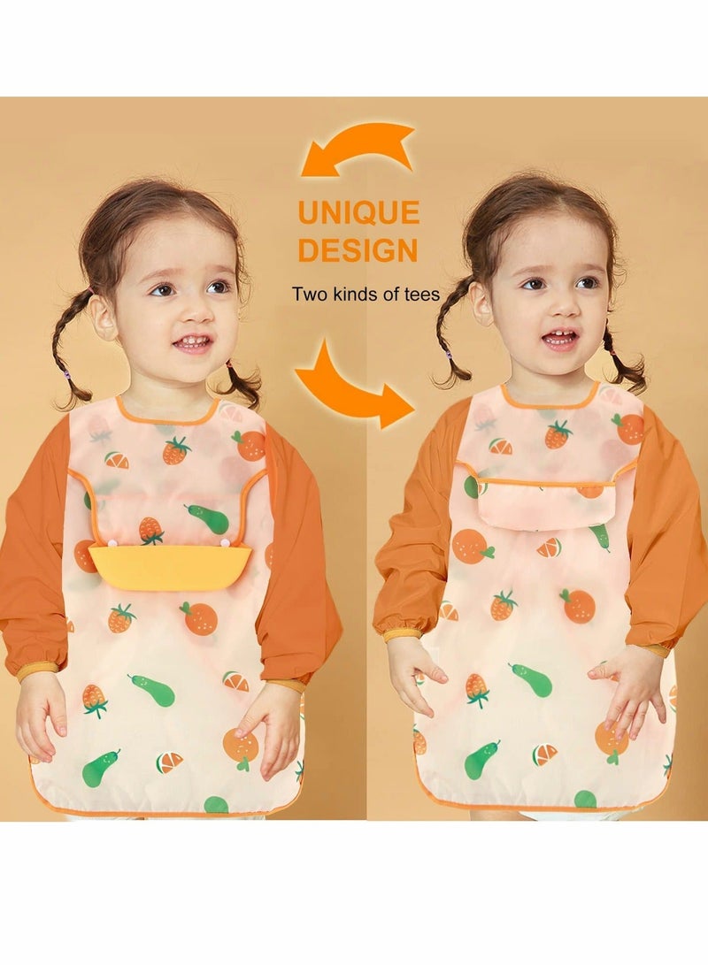 Baby Bib With Long Sleeves, Prevent Soiling Waterproof Feeding Painting Apron Removable Silicone Pocket, Unisex For 1-3 Years Old - Orange
