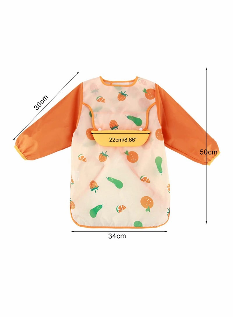 Baby Bib With Long Sleeves, Prevent Soiling Waterproof Feeding Painting Apron Removable Silicone Pocket, Unisex For 1-3 Years Old - Orange